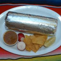Los Gallos Shrimp Burrito · Includes shrimp sauteed with bell peppers and onions, whole pinto beans, rice, sour cream, g...