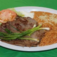 Mexican Dinner Plate · Served with choice of meat, rice, re-fried beans, lettuce, sour cream, guacamole and tortill...