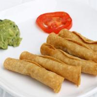 Tacos Dorados · Five crispy rolled corn tortillas filled with chicken. Served with guacamole.