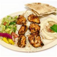 Chicken Shish kabab Plate · Chicken breast marinated in lemon, oregano and garlic, then char broiled.