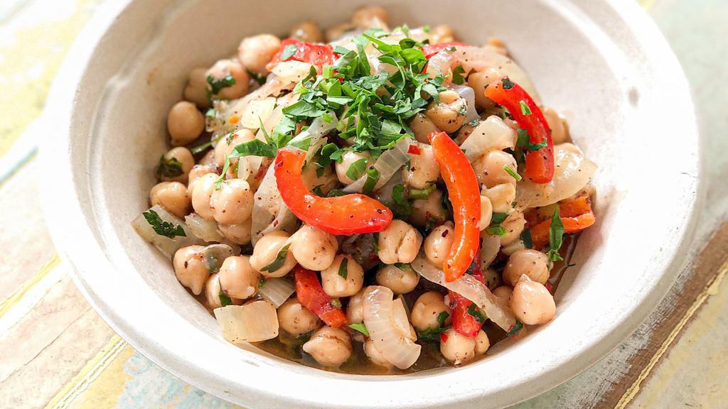 Chickpea Salad · Chickpea with roasted onions, red bell peppers, sun dried tomato *Vegan *GF