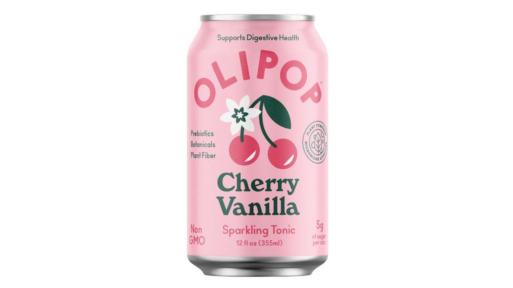 OLIPOP Cherry Vanilla · 5g of sugar per can. Cherry pie flavor with a careful combination of tart morello cherries and the sweet tang of rainier cherries rounded with the soft and sumptuous taste of the vanilla bean. Gluten-Free, Vegan, Paleo, Non-GMO.