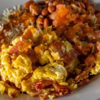 Bacon and Eggs · bacon, scrambled eggs, beans, salsa fresca, cheese, crema