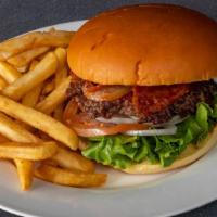 The Cardinal · served with bacon, and barbecue sauce, romaine lettuce, tomatoes, onions, side of fries