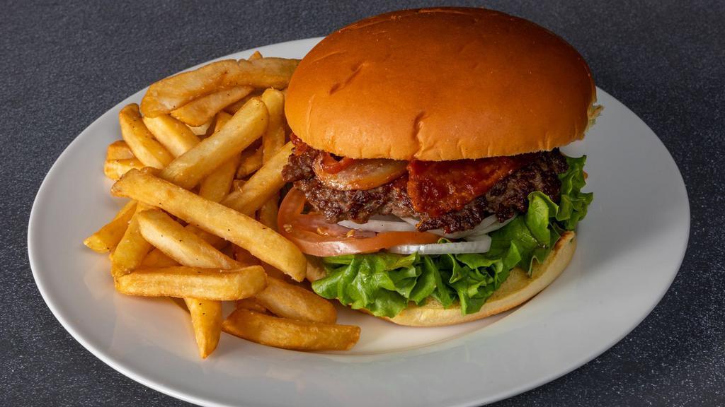 The Cardinal · served with bacon, and barbecue sauce, romaine lettuce, tomatoes, onions, side of fries