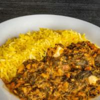 Palak Paneer · Spinach curry with paneer cheese served with saffron basmati rice.