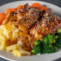 Hawaiian Luau · Grilled chicken, pineapple, broccoli, carrots, jasmine rice and teriyaki sauce, sesame seeds