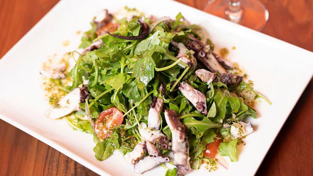 Grilled Octopus Salad · Grilled Mediterranean octopus, arugula, sliced red onions, cherry tomatoes, and house lemon dressing.