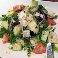 Organic Mixed Salad · Topped with feta cheese, red onions, roasted walnuts, cherry tomatoes, and balsamic vinaigre...