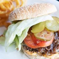 Golden State Grill Burger · 8oz. Burger with pepper jack cheese, caramelized red onions, lettuce, tomato, pickles, and h...