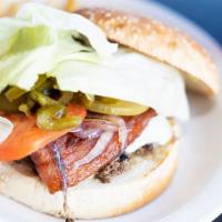 Excelsior Burger · 6oz. Burger with double bacon, American cheese, grilled onions, lettuce, tomato, jalapeños, ...