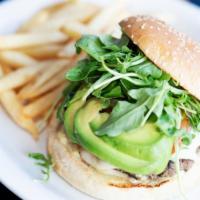 California Burger · 6oz. Burger with jack cheese, avocado, arugula, tomato, onions, jalapeños, and pickles, serv...
