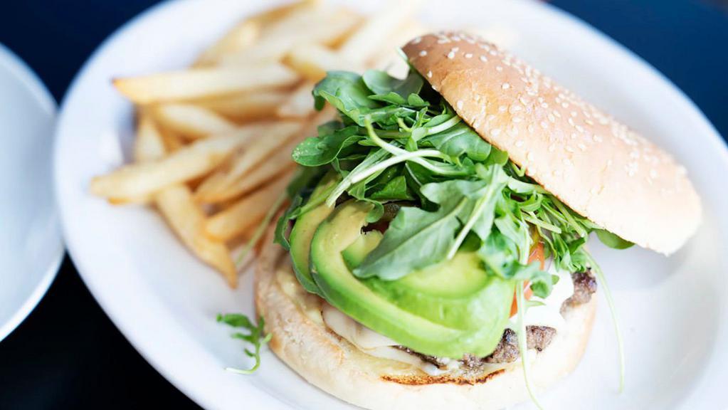 California Burger · 6oz. Burger with jack cheese, avocado, arugula, tomato, onions, jalapeños, and pickles, served with fries.