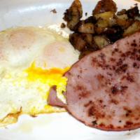Ham · Five ounce country cured ham steak, potatoes, toast and your choice of eggs.