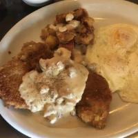 Country Fried Steak & Sausage Gravy · Choice of egg any style, toast & potatoes.