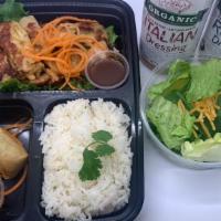 BBQ Chicken Combo · Marinated in Thai style BBQ sauce, serve with Rice, Appetizer, and Salad