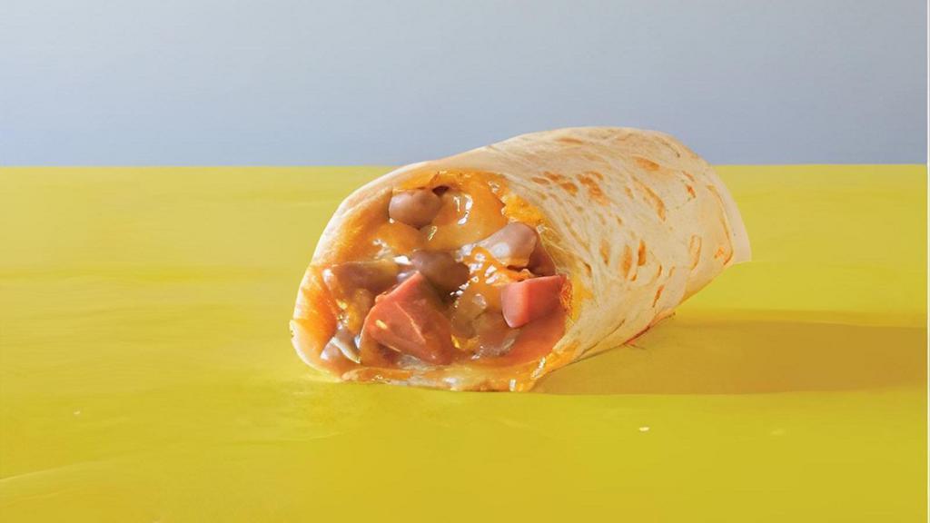 Hot Dog Burrito · Beef hot dog, pinto beans, cheese.