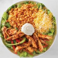 Fajita Burrito Bowl · Choice of filling sautéed with red and green bell peppers, onions, garlic and mild salsa, Sp...