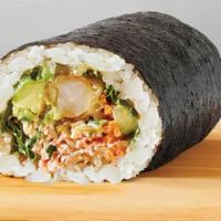 California Sushi Roll · Nori wrap, surimi, tempura shrimp, sushi rice, wasabi ginger sauce, arugula, guacamole, cucu...