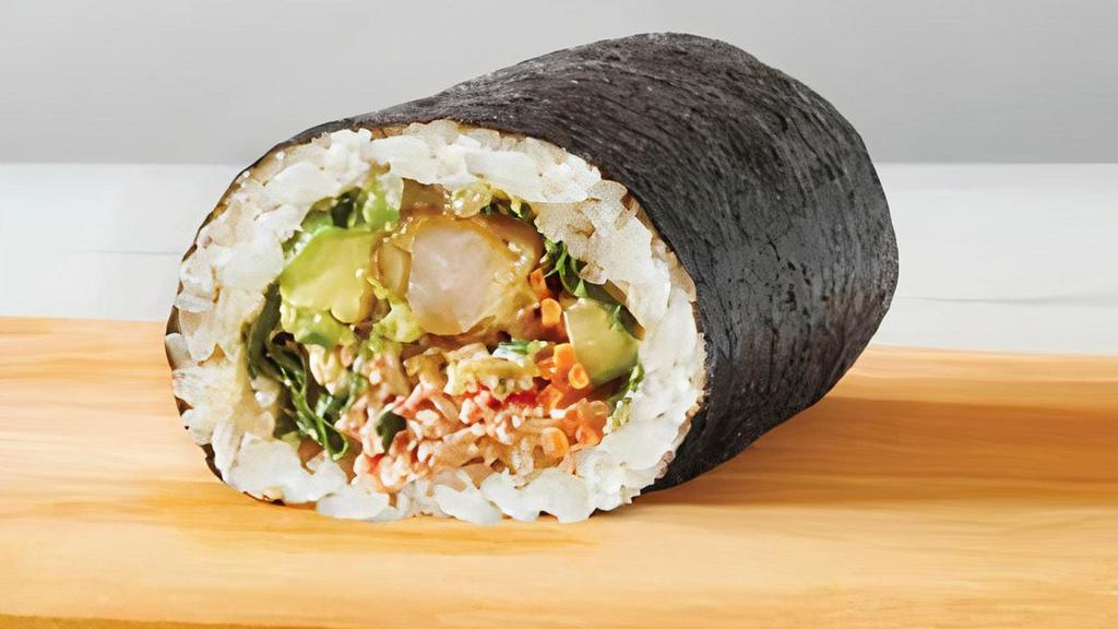 California Sushi Roll · Nori wrap, surimi, tempura shrimp, sushi rice, wasabi ginger sauce, arugula, guacamole, cucumber, carrots, tempura crunch.
