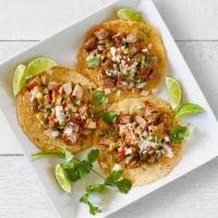 3 StreetTacos · Choice of tortilla, Choice of meat onions, cilantro, red chili and avocado-verde salsas, wit...