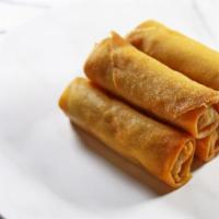 Spring Rolls (2) · Shredded carrots, cabbages, onions with rice noodle and Pork wrapped in wrapper and deep fri...