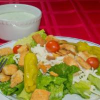 Dinner Salad · Lettuce, mozzarella cheese, tomato, pepperoncini, and croutons.
