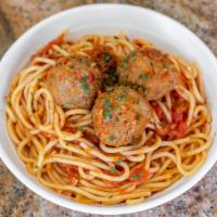 Spaghetti with Meatballs · With a hearty, slow, simmered meat sauce and meatballs.