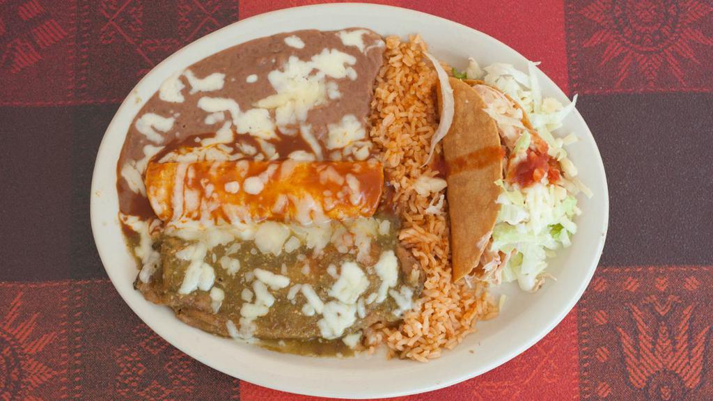 Chile Relleno, Enchilada y Taco · 1 Enchilada, 1 Chile Relleno, and 1 Crispy Taco all in one plate! Served with Rice and Beans.