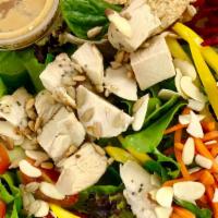 S4-Spring Mix Salads With Chicken Breast · Spring green mix topping with carrots, tomatoes, beet, almonds, sunflower seeds, chicken bre...