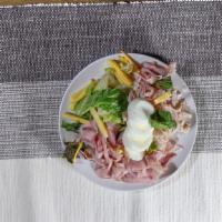 Chef Salad · Lettuce, tomatoes, cheese, ham, artichoke hearts, olives, cucumber, pepperoncini, carrots.