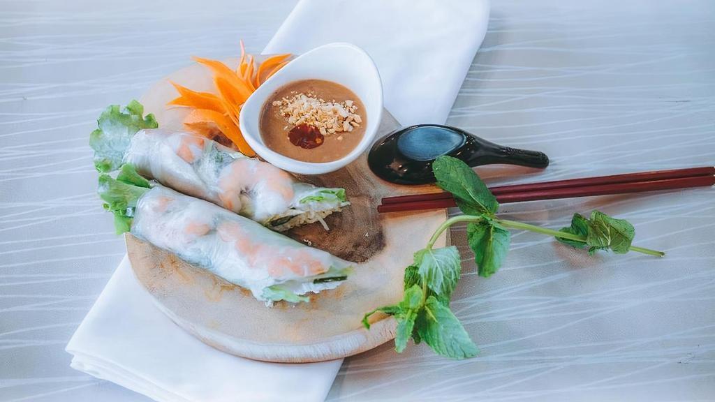 14. Goi Cuon - Spring Rolls · Shrimp, Pork and Green Salad wrapped in Rice Paper with House Peanut Sauce (2 Rolls)