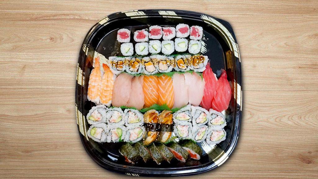 MIX TRAY · Roll & Nigiri 47pcs
Albacore sushi 2pcs, Salmon sushi 2pcs, Shrimp sushi 2pcs, Tuna sushi 2pcs, Yellowtail sushi 2pcs, Unagi sushi 2pcs, California roll 12pcs, Chicken Teriyaki roll 6pcs, Cucumber roll 6pcs, Spicy tuna roll 6pcs, Tuna roll 6pcs.