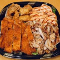TERI&FRIED MIX TRAY · Salmon Teriyaki, Chicken Teriyaki, Karaage, Chicken Katsu