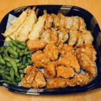 DELUXE TRAY · Fried Gyoza, Shrimp Tempura, Karaage(Japanese Fried Chicken), Edamame