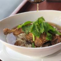 Kuay Tiew Ped Toon · Well-done braised duck in Thai special black soup.