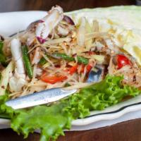 Som Tum · Papaya salad, choice of raw crab, grilled prawns, salted eggs, crispy pork belly or veggie s...