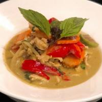 Green Curry · Coconut green curry with vegetables and basil.