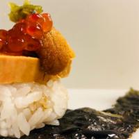 El Capitan · uni, ankimo, ikura, shiso, fresh wasabi in two-piece nigiri.