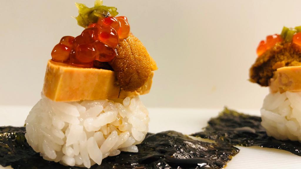 El Capitan · uni, ankimo, ikura, shiso, fresh wasabi in two-piece nigiri.