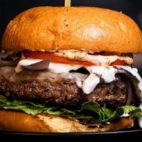 THE BLUES · 1/2 lb Wagyu Beef Patty, Provolone Cheese, Chunky Blue Cheese, Grilled Onions, Green Leaf, T...