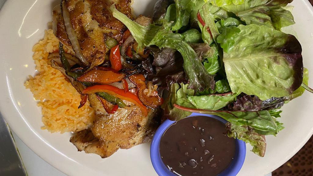 Pollo Asado · Grill!!!
 boneless chicken thighs marinated Mexican style then and then grilled.  Served with Spanish rice, beans, side salad and one fresh corn tortilla.