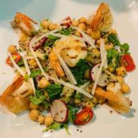 Ensalada De Camaron Asado · Grilled shrimp, quinoa, garbanzo, arugula, cucumber, jicama, radishes, red onions, cherry to...