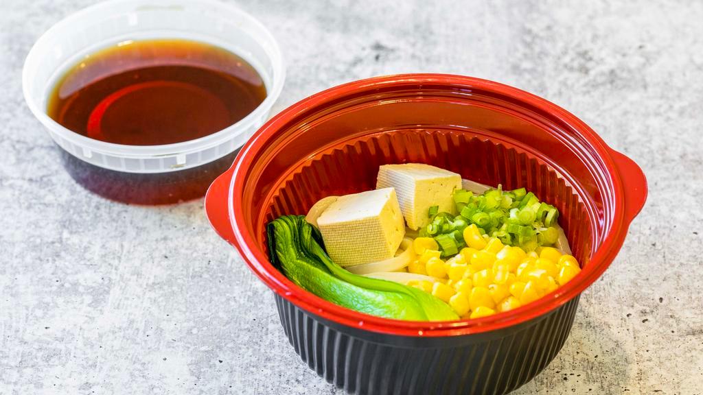 Veggie Udon · Tofu, bok choy, corn, scallion and 8 oz Veggie shoyu soup