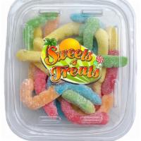 Gummi Sour Neon Worms · Five oz.