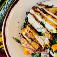 Tuscan Kale salad with Chicken  · Roasted Butternut Squash, Apple, Brussels Sprouts, Candied Pecans, Dried Cranberry, Red Wine...