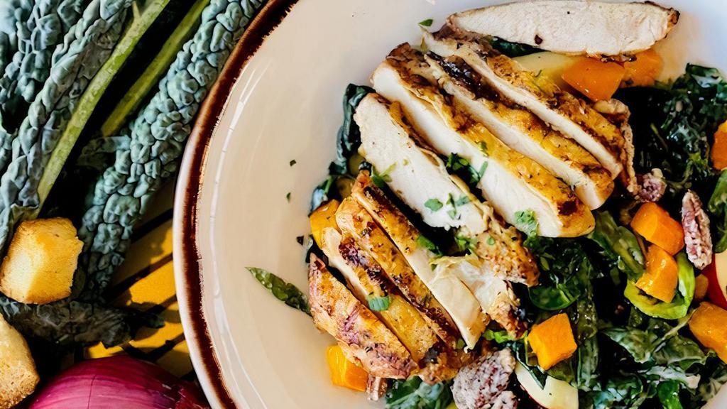 Tuscan Kale salad with Chicken  · Roasted Butternut Squash, Apple, Brussels Sprouts, Candied Pecans, Dried Cranberry, Red Wine Dijon Vinaigrette, with Chicken Breast