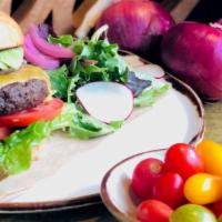 Impossible burger · Tillamook cheddar, Avocado, Lettuce, Tomato, Onion, Brioche, Garden Greens