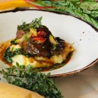 Braised Beef short rib · Double butter whipped Potatoes, Rainbow Chard, Red Wine braising Reduction