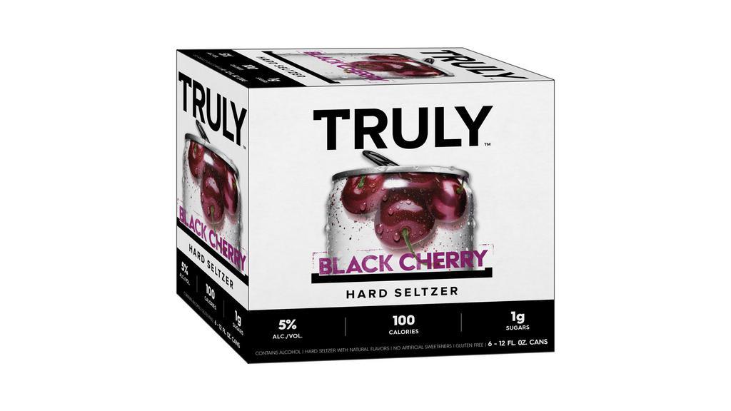 Truly Hard Seltzer Black Cherry (12 Oz X 6 Ct) · Truly Black Cherry is slightly sweet and slightly sour with a flavorful zing of black cherries. Each 12oz. can has 5% alc./vol., 100 calories, 1g sugars, 2g carbs, and is Gluten Free.